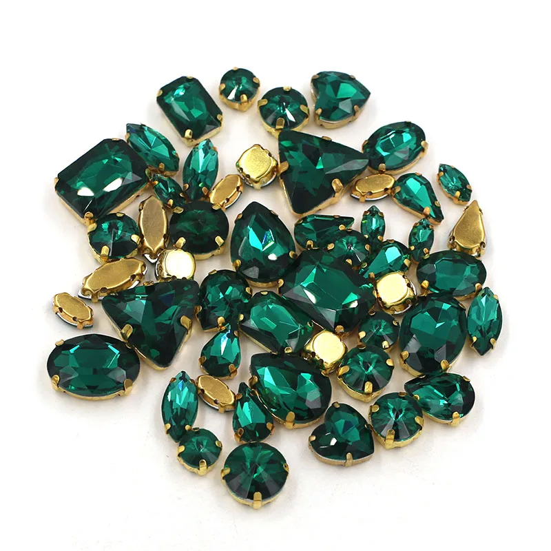 50pcs/bag high quality mixed shape Malachite Green glass crystal sew on gold claw rhinestones diy clothing accessories