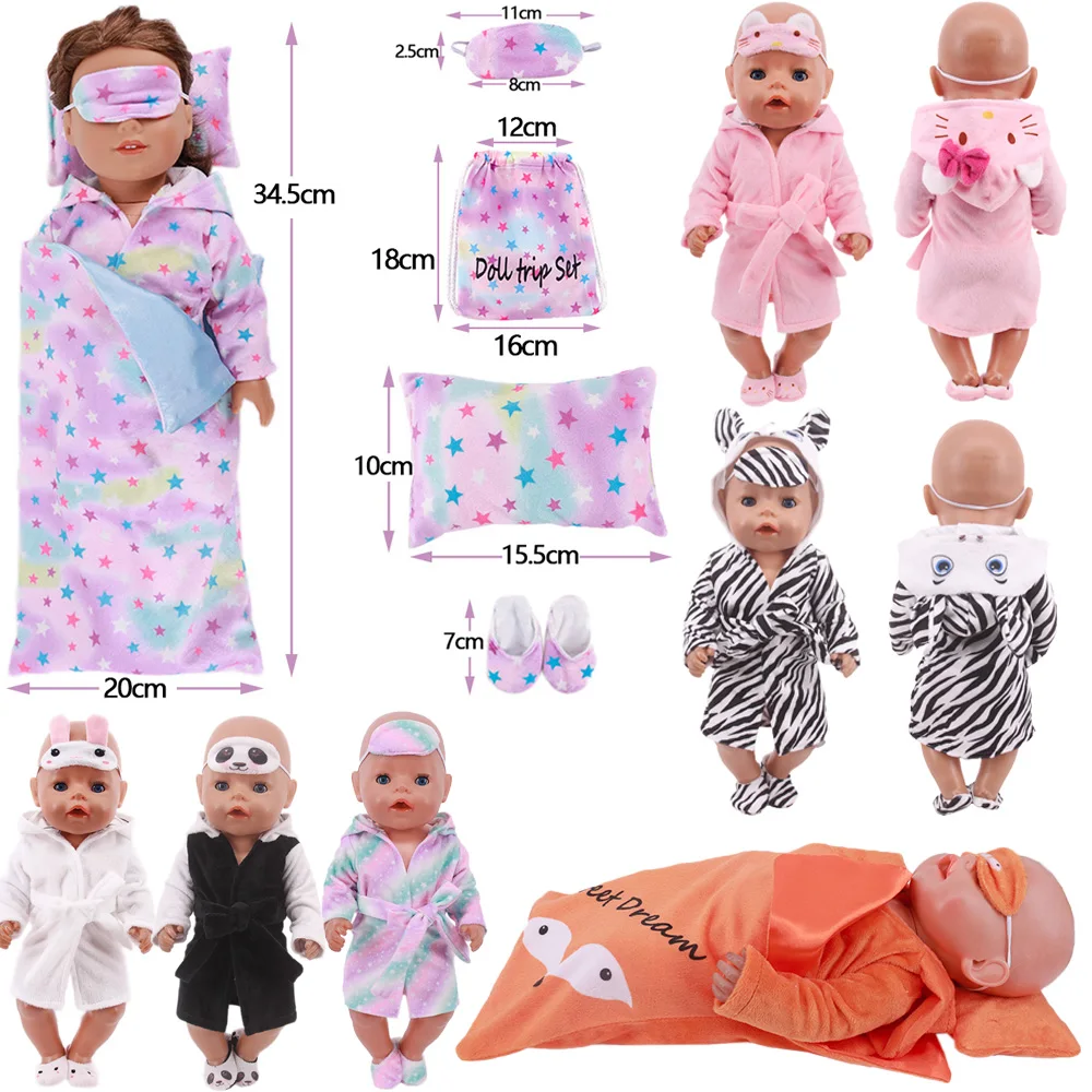 Doll Clothes 7Items =1 Nightgown+1 Sleeping Bag+1 Eye Mask+1 Backpack+1 Pillow+2 Pcs Shoes For 18Inch American 43Cm Babies Dolls