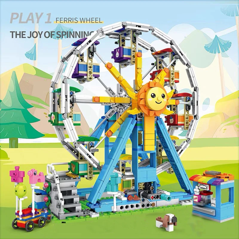 

MOC 3 in 1 Idea Amusement Park Ferris Wheel Building Block Creative Expert Swing Bumper Car Model Bricks Toys Kid Christmas Gift