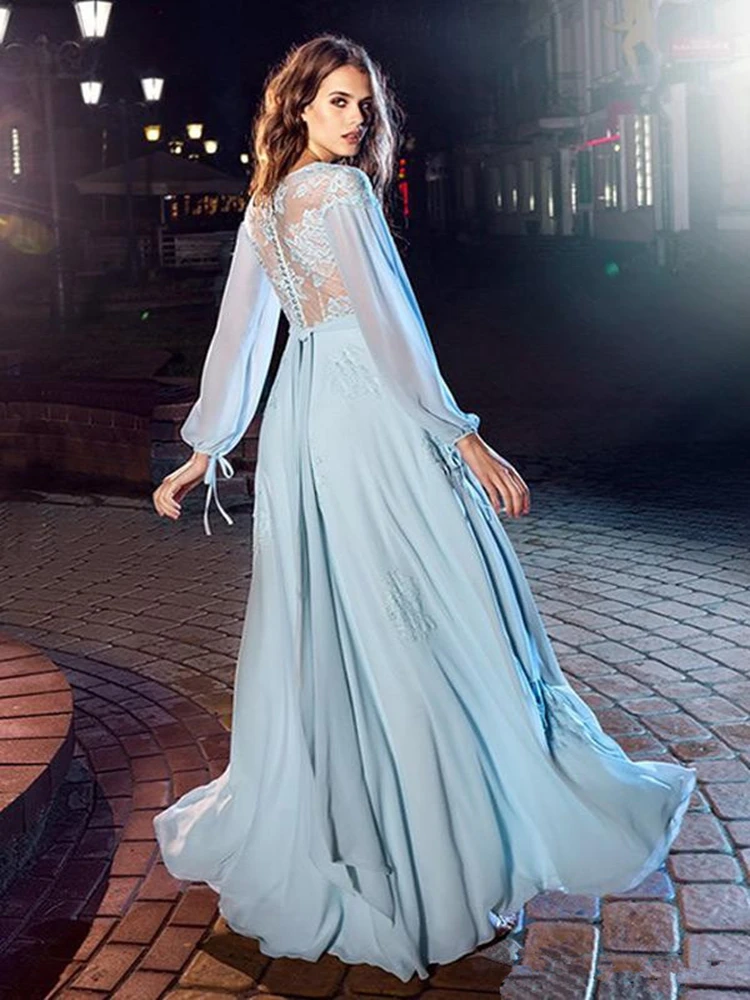 Flowing Sky Blue Chiffon A-Line Long Sleeves Prom Dresses 2023 V-Neck Covered Button Back Long Formal Dresses Lace Evening Gowns