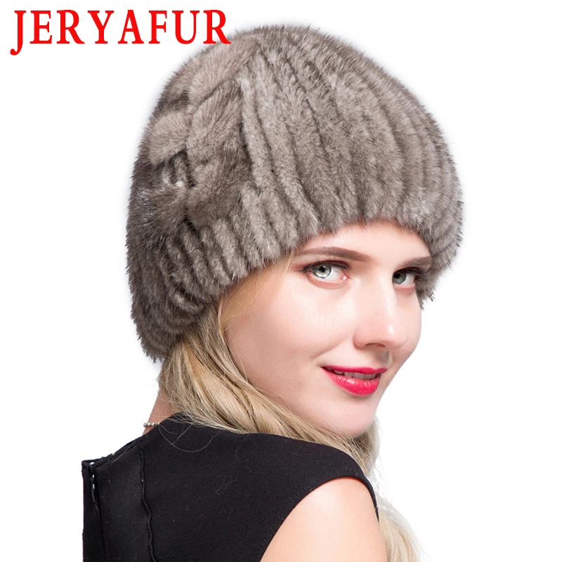 JERYAFUR Winter Natural Mink Fur Hats Women Warm Thick Lined Fur Knitted Caps Fashion Female Rhinestone Flower Beanie