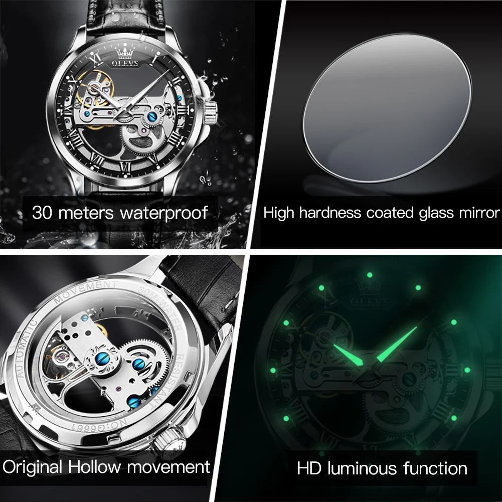 OLEVS Men\'s Watches Automatic Mechanical Watches Waterproof Leather Strap Top Luxury Men Wristwatch Luminous Gift Box Watch Men