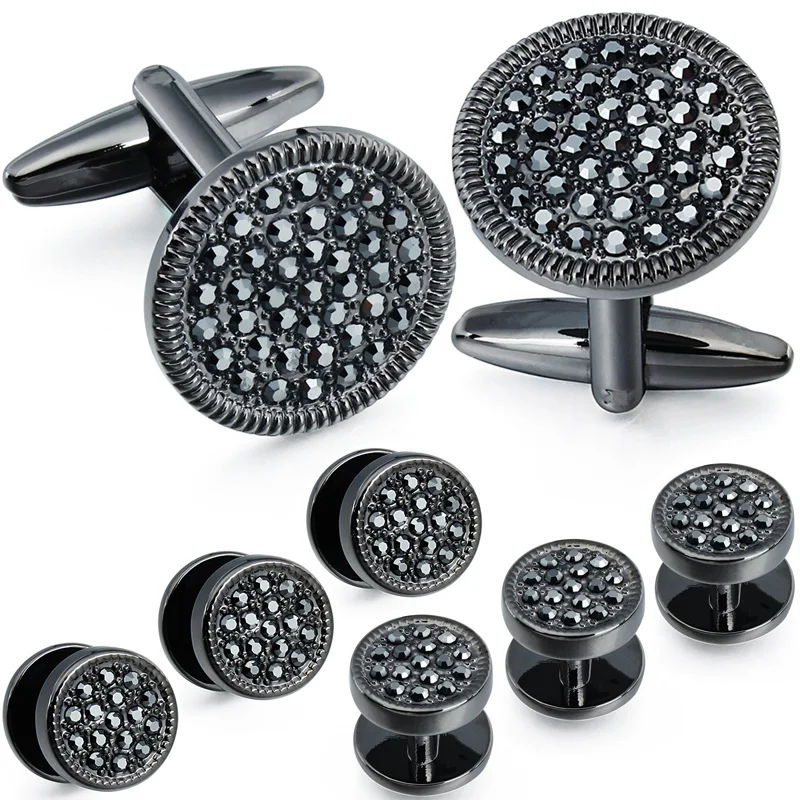 HAWSON Men\'s Black Gunmetal Crystal Cufflinks & Studs Set Formal Business Wedding Tuxedo Shirt Accessories Men\'s Shirt Jewelry