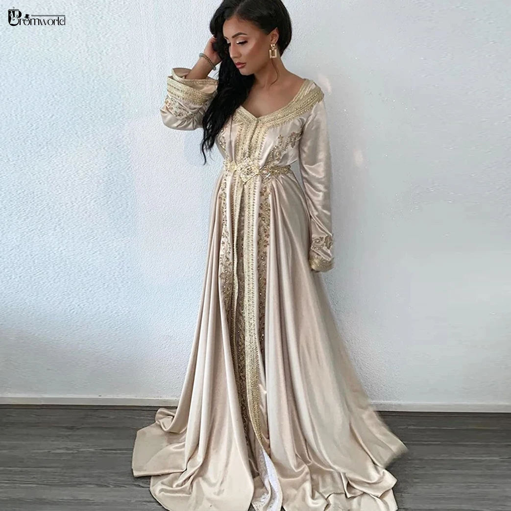 Ivory Moroccan Caftan Formal Dress Beaded Embroidery Lace Satin Dubai Prom Long Sleeves Evening Party Gowns robe de soirée 2022