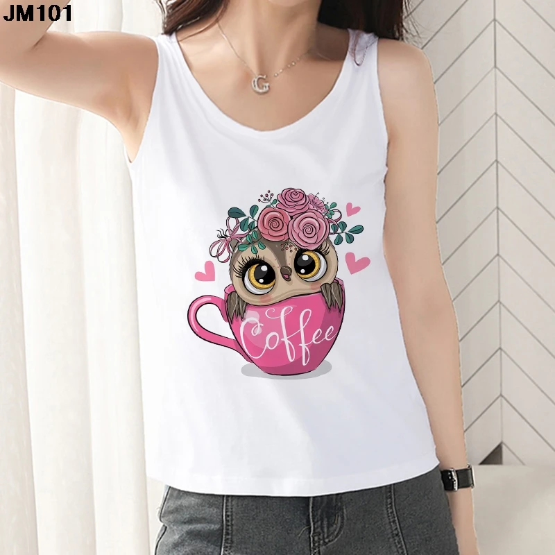 2021 Summer Top Women Sleeveless Tank Top White Round Neck Woman Regular Fit Wear Harajuku Cute Owl Printed T-shirt Camisole Tee