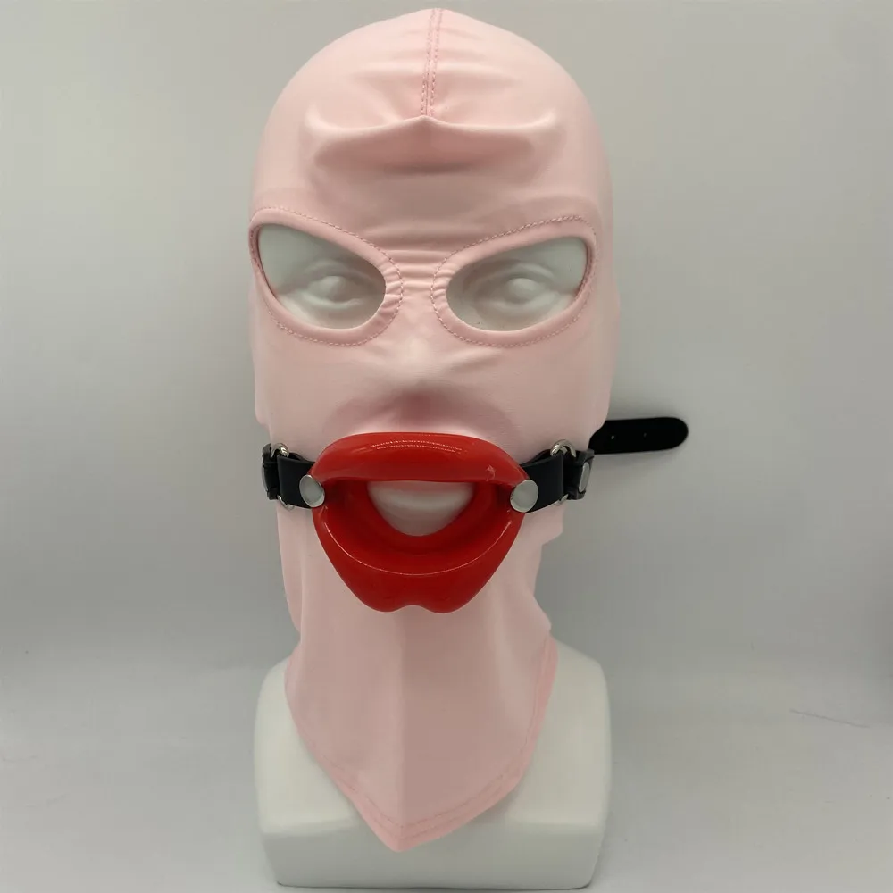 Slave Cosplay Fetish Obedient Open Mouth Gag Oral Sex Toys of Silicone Lips O Ring with Bdsm Bondage Hood Mask Erotic Accessory