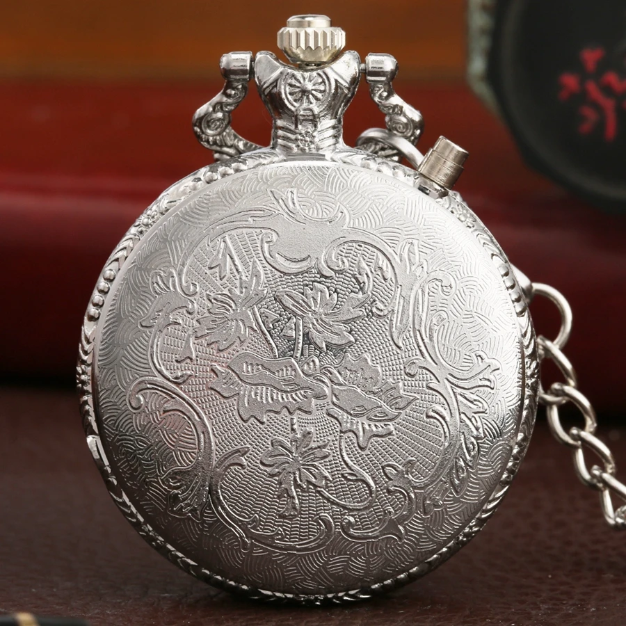 Silver Motorcycle Luminous LED Flash Motorbike MOTO Design Fashion Quartz Pocket Watch Carved Chain Clock Fob Gift for Men Women