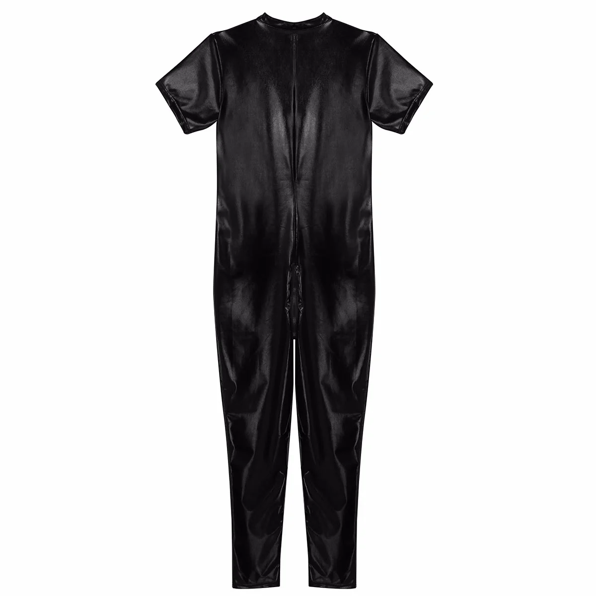 Mens Lingerie Wet Look Faux Leather Full Bodysuit Stretchy Short Sleeves Zipper Crotch Bodysuit for Stage Performance