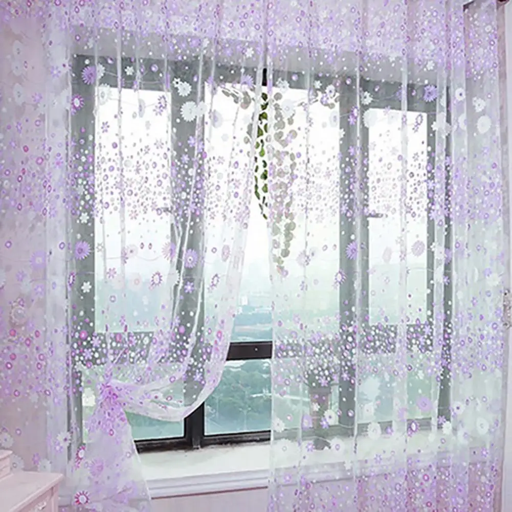 Cortinas de tul florales para sala de estar, cortinas transparentes púrpuras para puerta de dormitorio de niños, cortinas cortas para ventana de