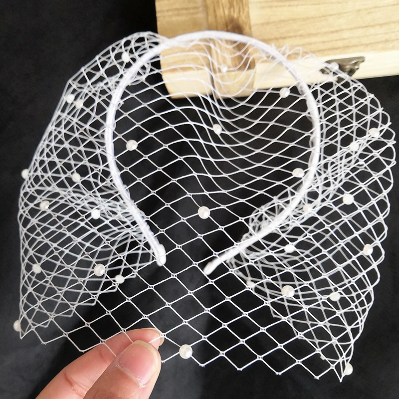 New Pearls Beading Black Mesh Face Veil Women Headband Cocktail Party Hair Accessories ślubne Nakrycia Głowy