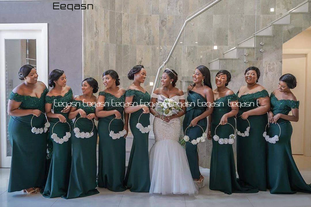 Eeqasn Off The Shoulder Dark Green Bridesmaid Dress Mermaid Appliques Satin Long Maid Of Honor Dresses Guest Robe De Soiree