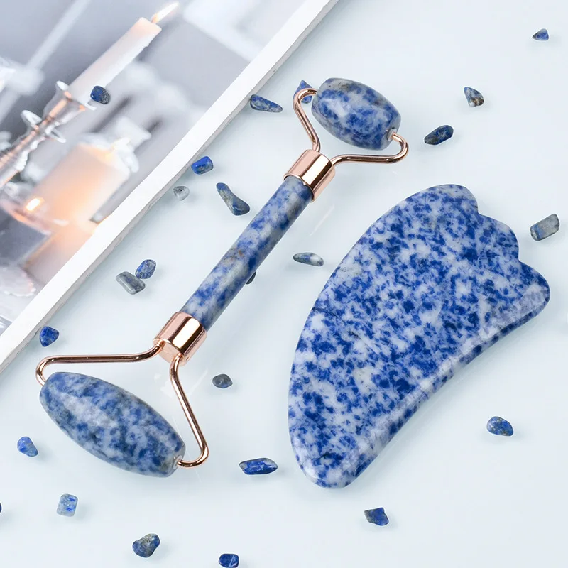 New Blue White Dot Jade Roller And Gua Sha Stone Face Roller Gouache Scraper Facial Massager Lifting Anti-Wrinkle Skin Care Tool