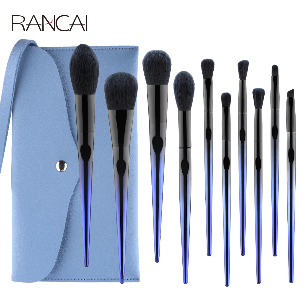 RANCAI-brochas de maquillaje de 10 piezas, azul marino, pelo sintético Premium, Herramienta de mezcla de base, polvo, sombra de ojos, conjunto de cosméticos, estuche