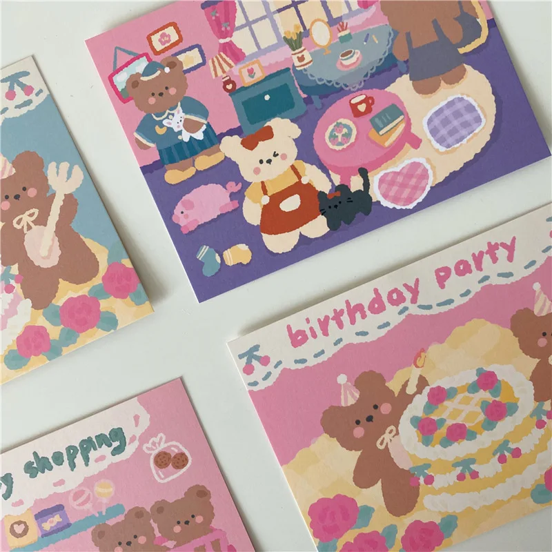 9pcs Cute Bear Birthday Double Sided Decorative Card Pink Background Journal Album Wall Sticker Photo Props Stationery Gift