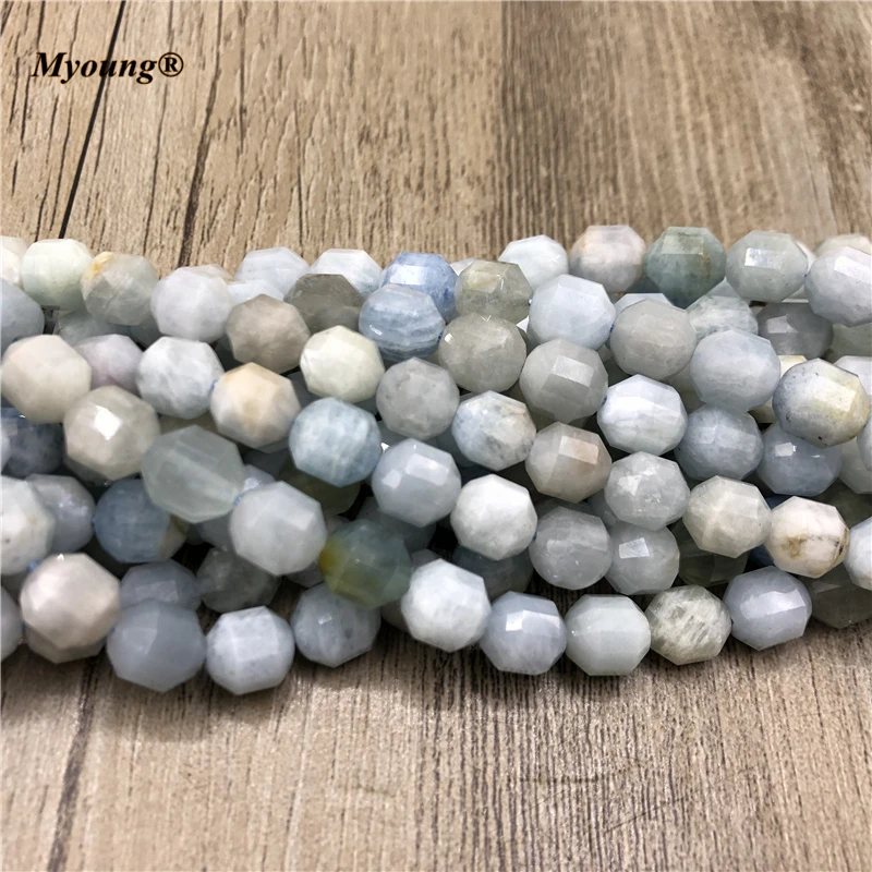 8MM Aquamarines Stone Faceted Round Column Loose Beads Natural Gems Stone Crystal Space Bead For DIY Jewelry Making MY210420