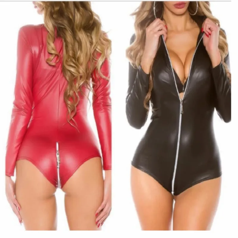 

Sexy Faux Leather Female Bodysuit Open Crotch Zipper Jacket Women Erotic Latex Catsuit Bodycon Skirt Motocross Clothing Leotard