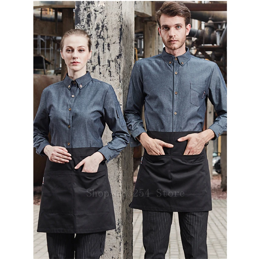 

Chef Jacket for Women Men Cowboy Denim Jacket Restaurant Cooker Waiter Work Clothes Uniform Food Professional Service Shirt Coat