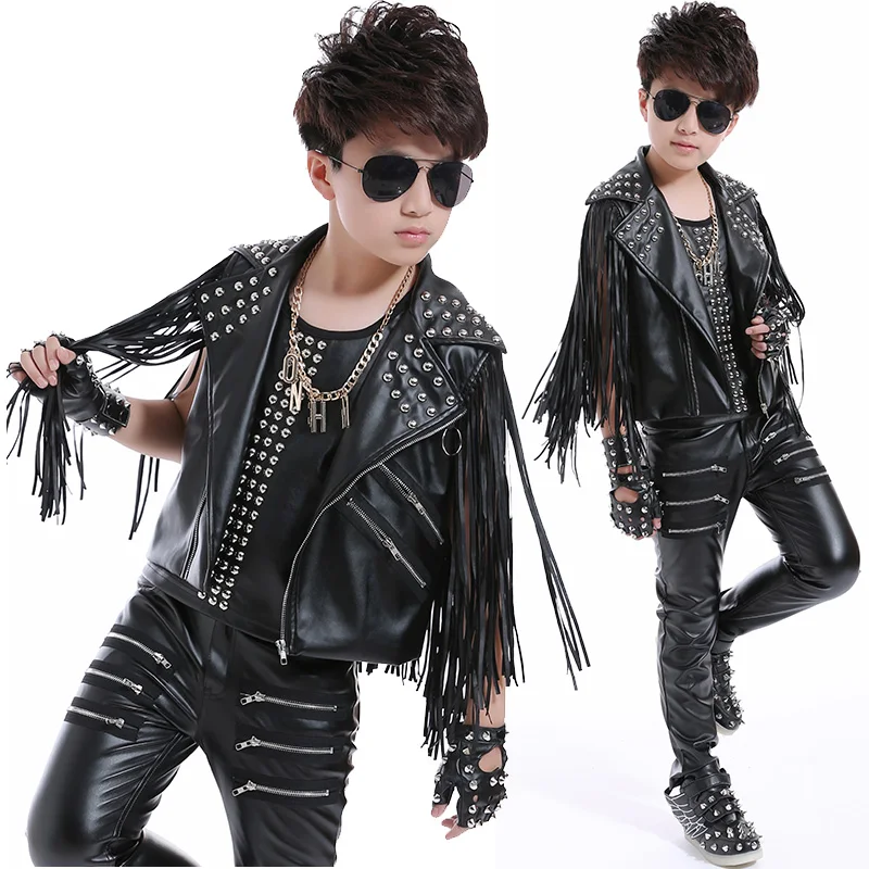 Kids Hip Hop Clothing Fringe Jacket Leather Pants Jazz Drum Performance Costume White/Black/Red Stage Clothes Rave Wear DNV14089