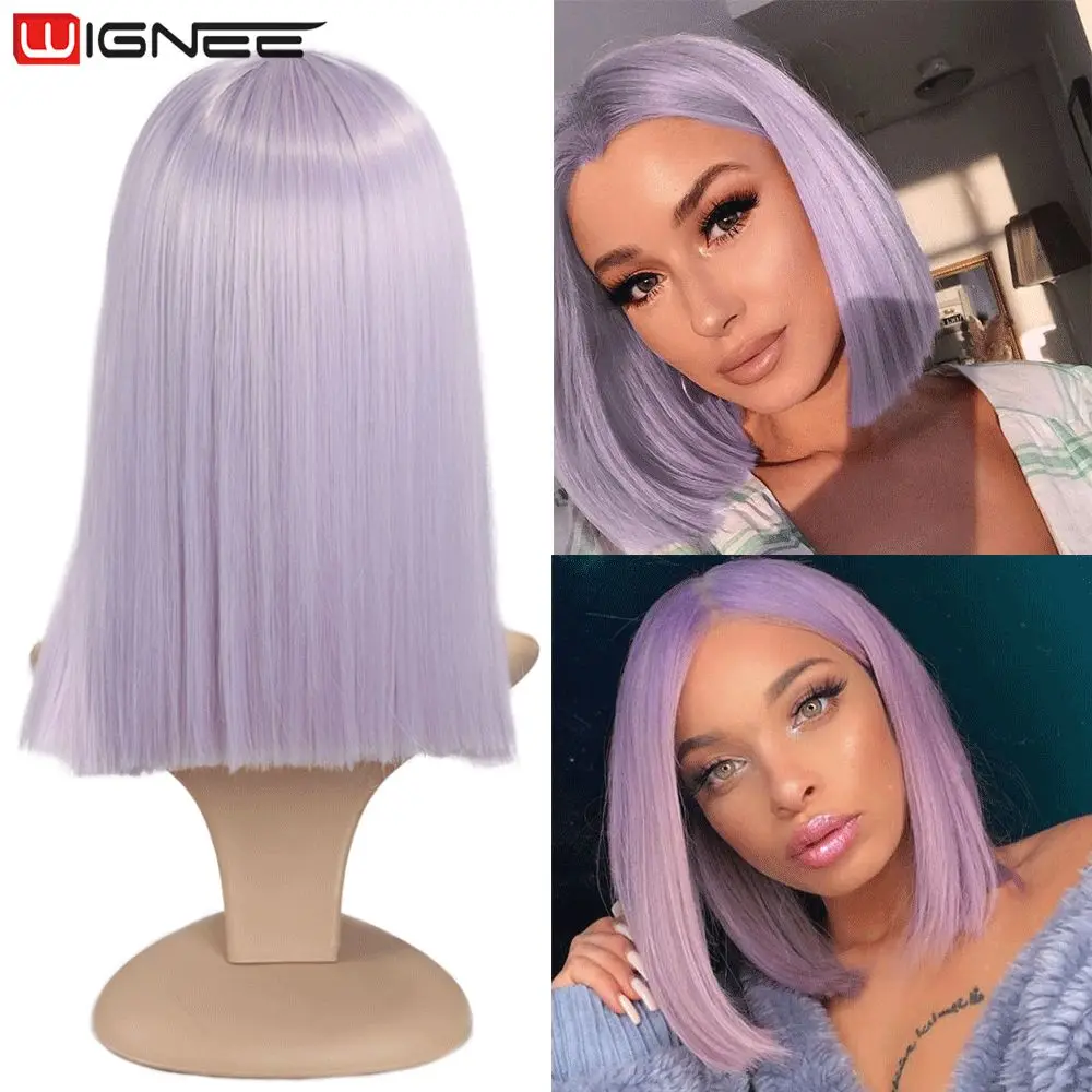 Wignee Synthetische Perücke Mittelteil Kurz Gerade Haar Reine Licht Lila für Frauen Hohe Temperatur Täglichen/Partei/Cosplay haar Perücken