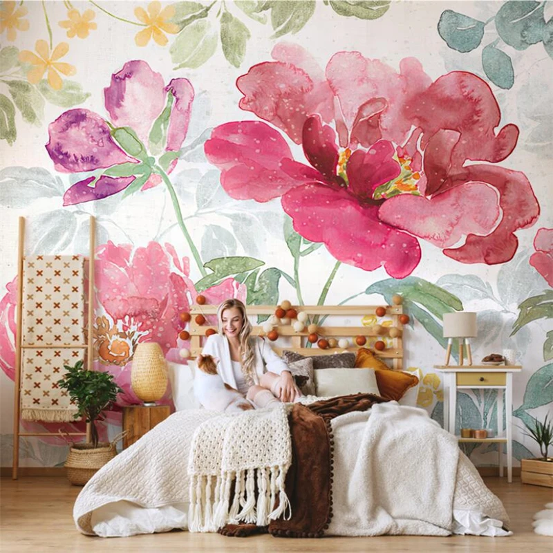 Custom 3D Peony Flower Mural Wall Paper American Pastoral Art Living Room Decor Stickers for House