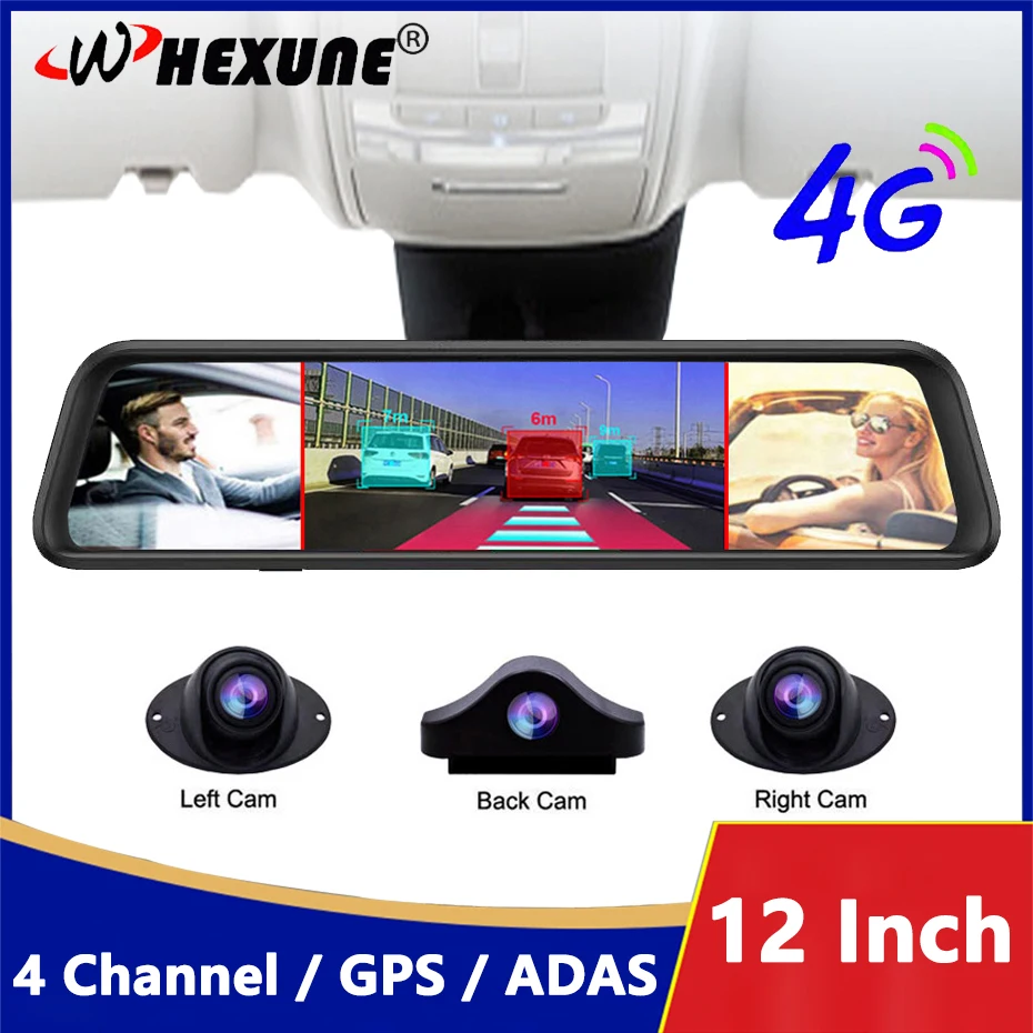 

360 ° Video Recorder 4 Channel 12 Inch 4G Car Rear View Mirror Android Auto DVRs ADAS WIFI GPS Navigation Cameras 1080P Dash Ca