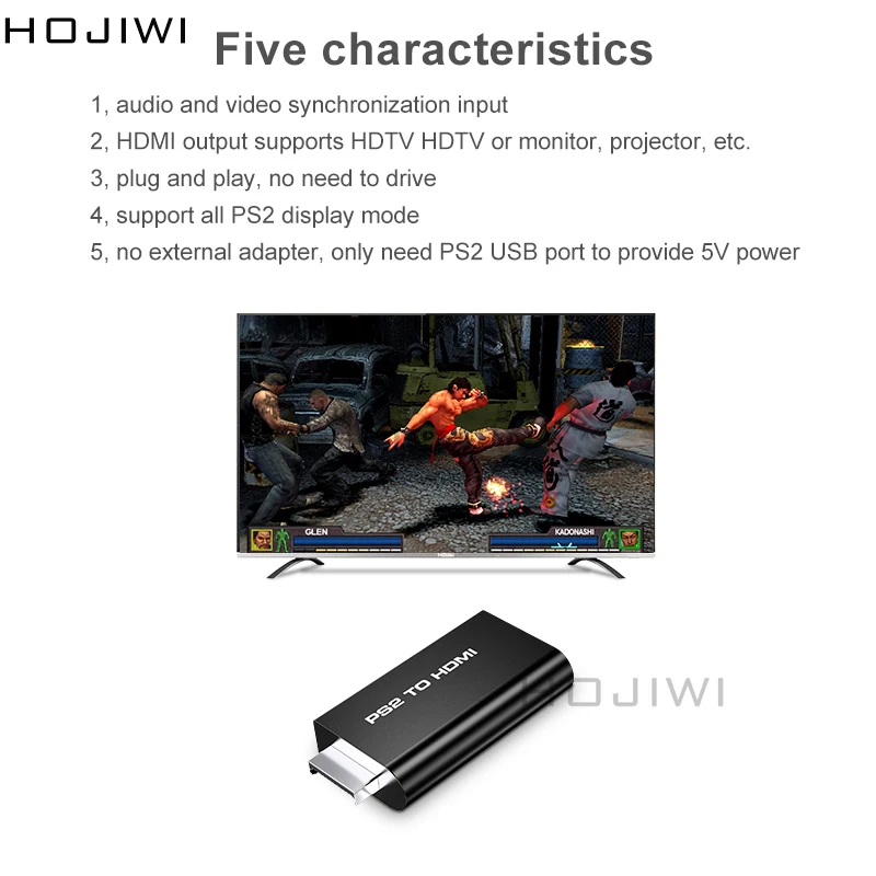 HOJIWI-휴대용 PS2 to HDMI 호환 변환기 어댑터, 480i/480p/576i, 3.5mm 오디오 출력, 모든 PS2 디스플레이 모드 AD17