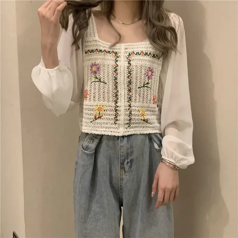 Blouse Women Print Casual Simple Hollow Out Teens Square Collar Daily Vintage Harajuku Crop Chic Comfortable College Loose New