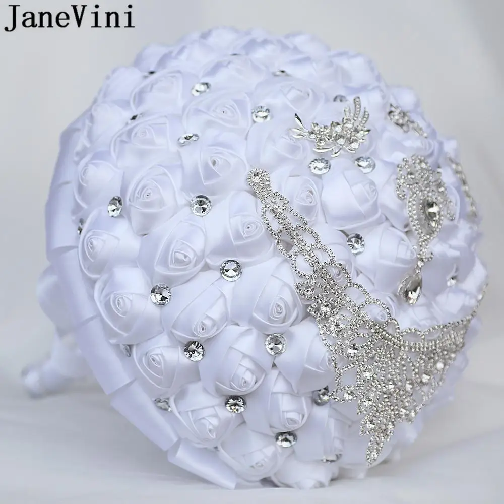 JaneVini-ramos de flores de boda grandes, rosas blancas, novias, diamantes de imitación de cristal de lujo, ramo de boda de compromiso grande, 30CM