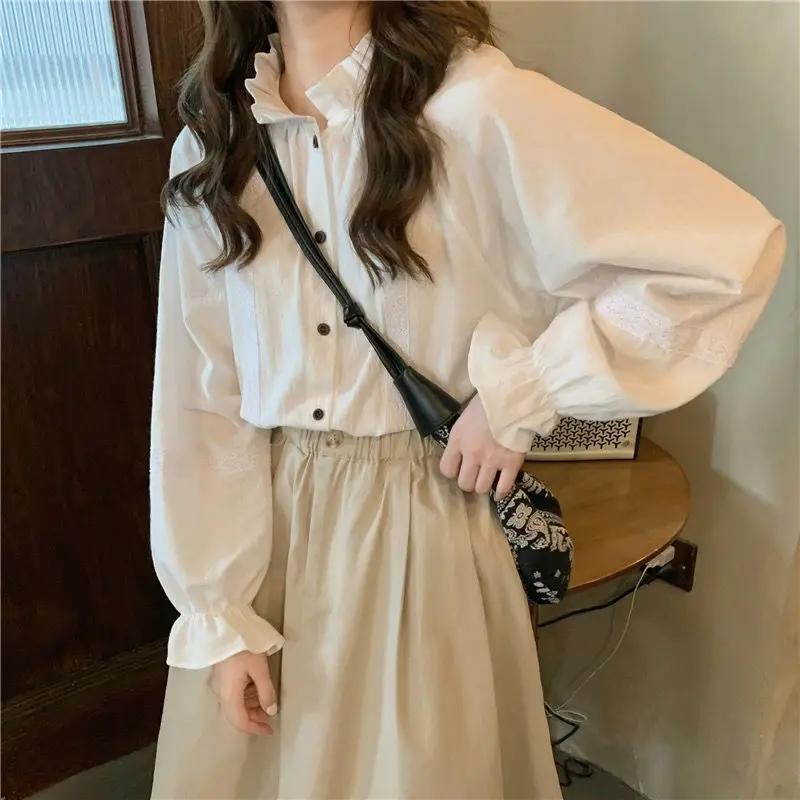 Shirts Women Harajuku Basic White Solid Tender Office Lady BF Elegant Sweet Puff Sleeve Fashion Stand Collar Vintage Spring Chic