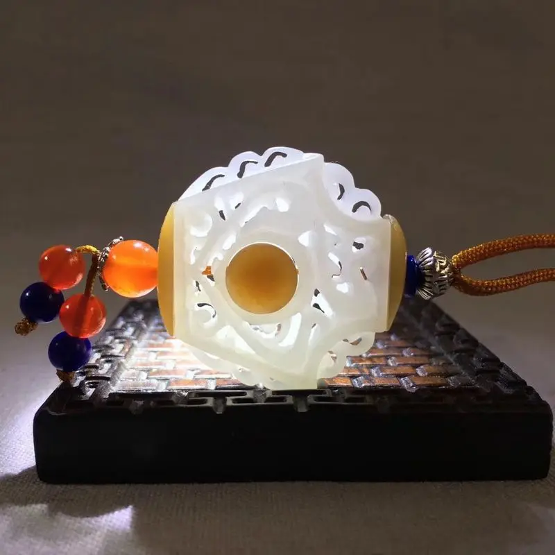 Admirable White Jade Amulet hollow out carving Jadite Pendant sachet Hanging Lucky Talisman