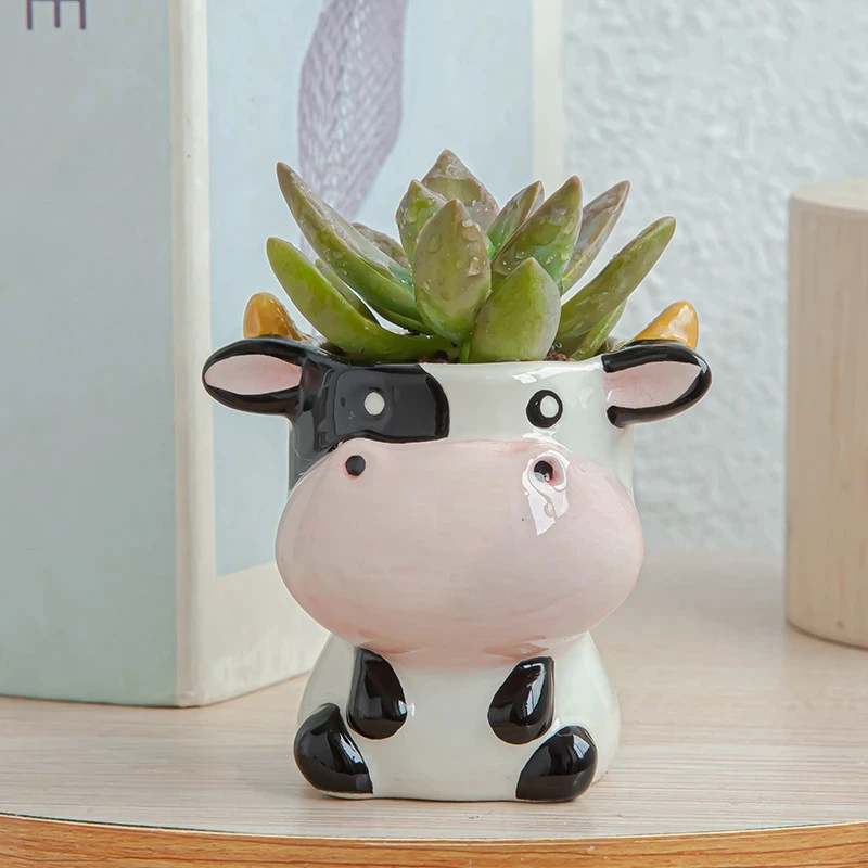 Nordic Ceramic Animal Flower Pot, Cartoon Zebra Sheep Cow Head Mini Pot, Suculentas Plantas Bonsai Potes, Decoração para casa, Novo Estilo