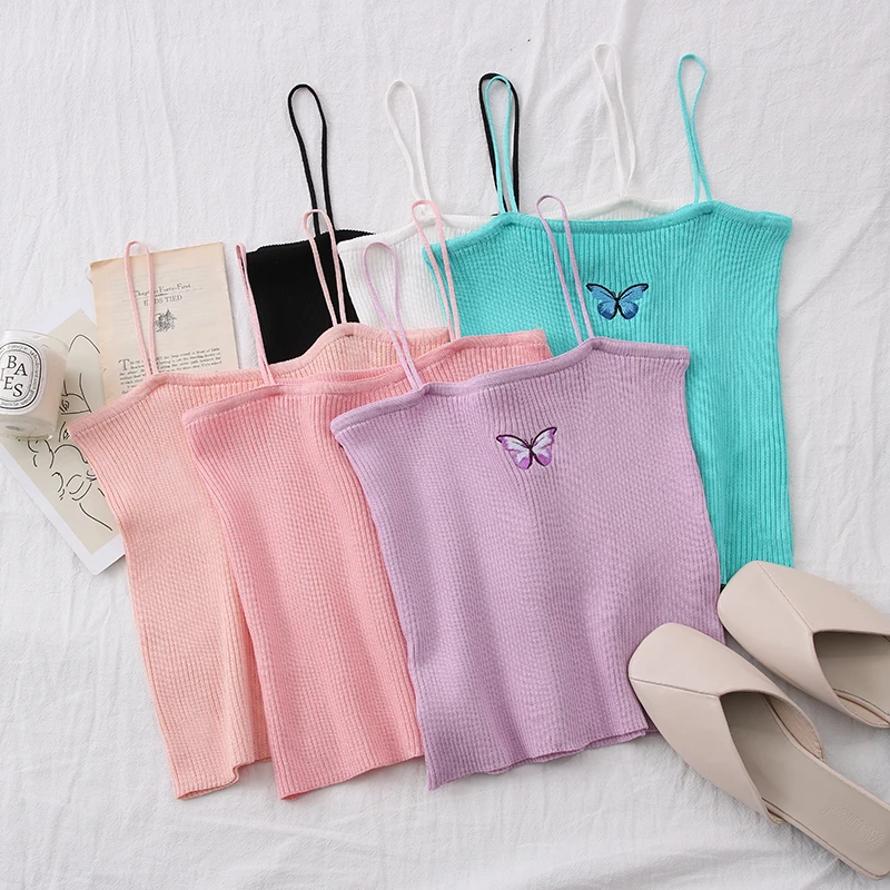 OUMEA Knitting Camisole Spaghetti Cami Female Embroidery Butterfly Underwear Ribbed Crop Top Summer Skinny Solid Color Beach Top