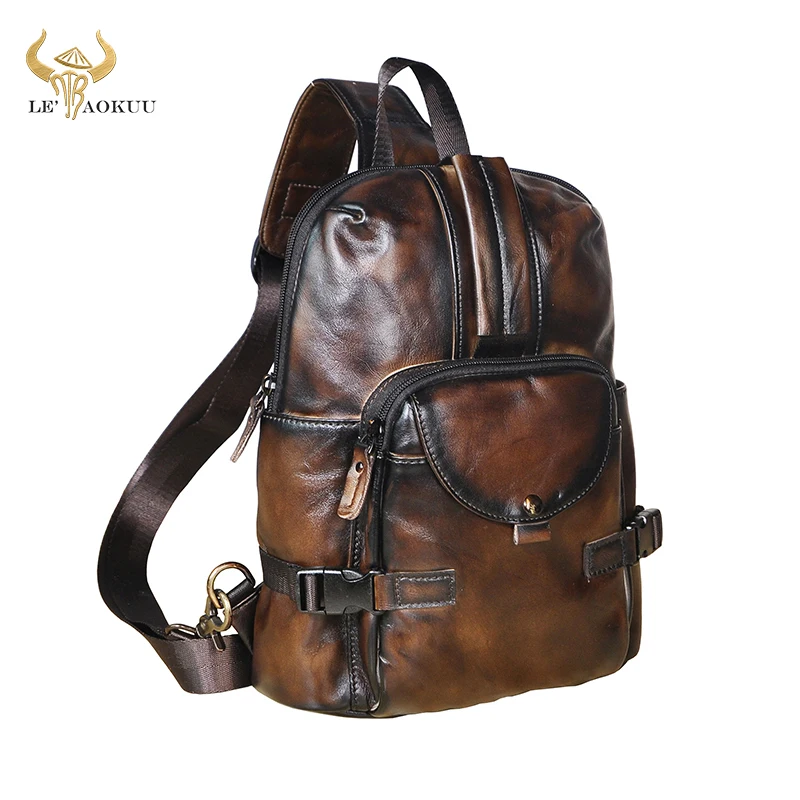 Men Real Cow Leather Casual Fashion Coffee Triangle Cross-body Chest Sling Bag Design Travel One Shoulder Bag Daypack Male 3028