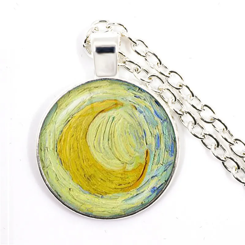 Fashion Van Gogh Art Starry Night Sunflower Necklace 25mm Glass Cabochon Dome Pendant Jewelry For Women Girls Gift