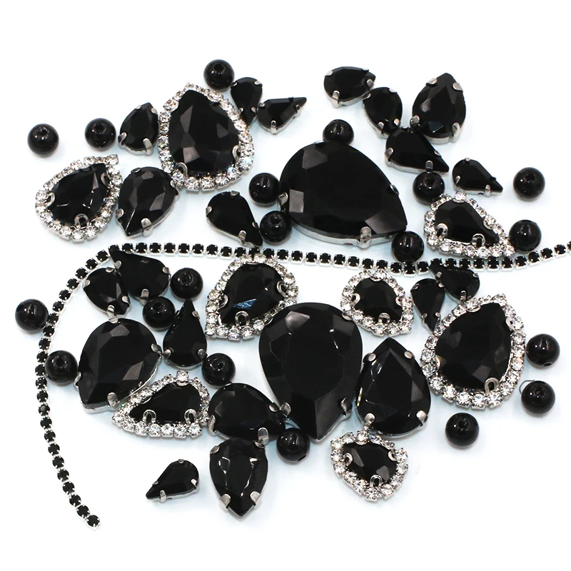 Handmade Accessories Black Teardrop Mix Size Glass Crystal Stones Pearl Beads Cup Chain Rim Rhinestones Sew On Clothing/Dress