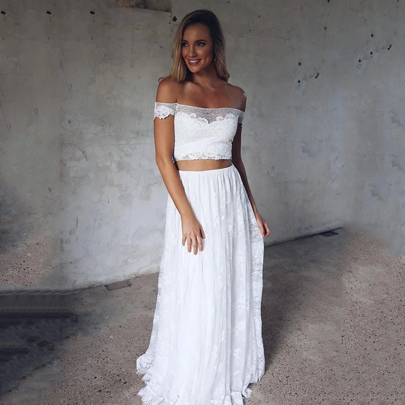 Abito da sposa da spiaggia in due pezzi con spalle scoperte abito da sposa in pizzo Appliques abiti da sposa Boho Plus Size Robe De Mariage