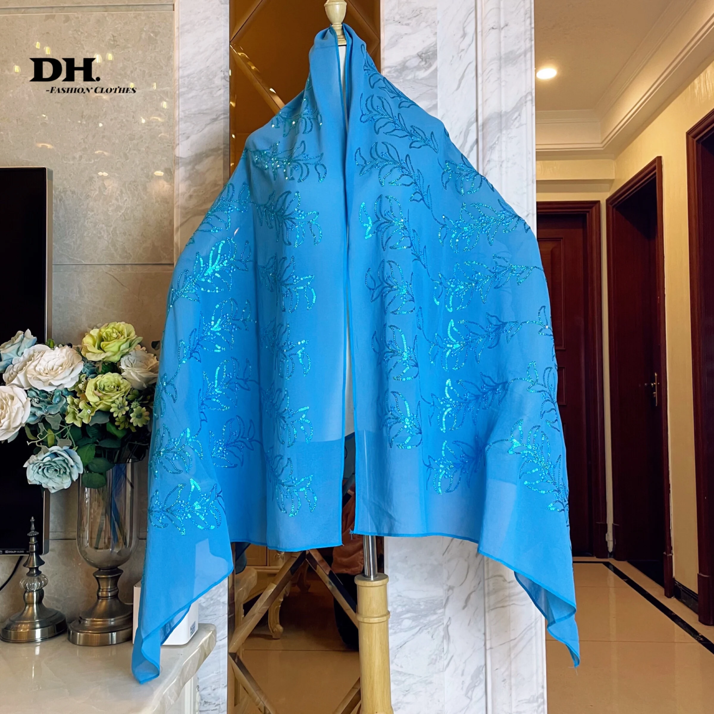 New Muslim Women Hijab High Grade Soft Chiffon Fabric Sequins Embroidery Scarf Islamic Long Shawl Pashmina