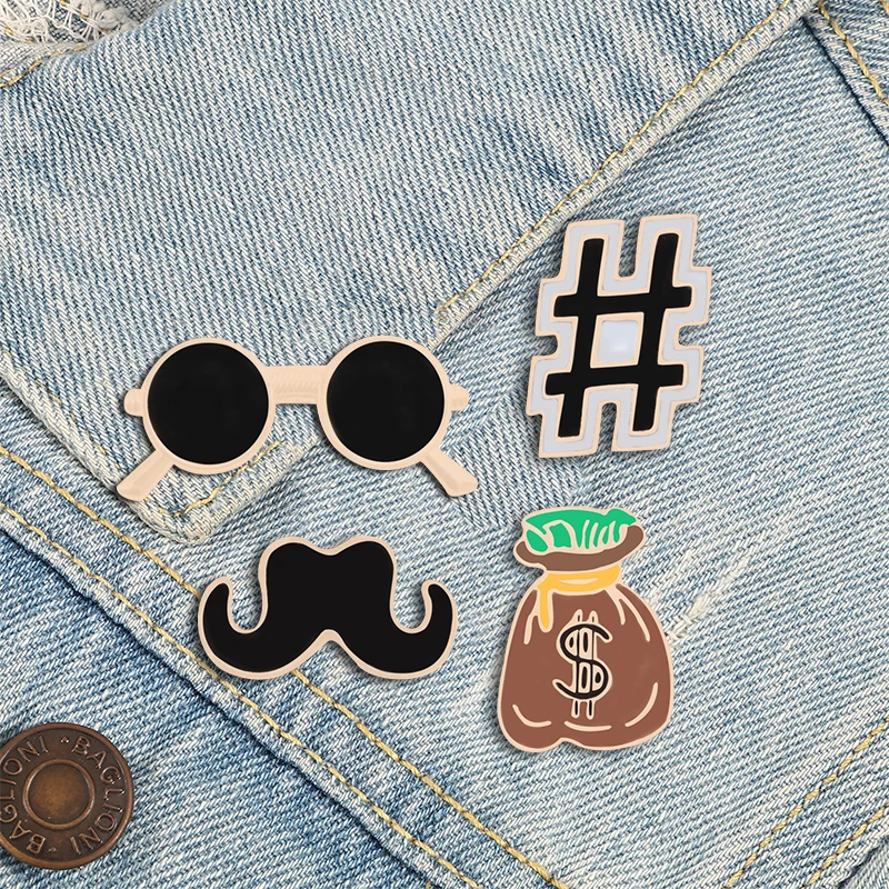 Creative Sunglasses Men Brooch Beard Purse Hashtag Symbol Enamel Pins Shirt Suit Lapel Pin Male Badge Jewelry Accessories Gift