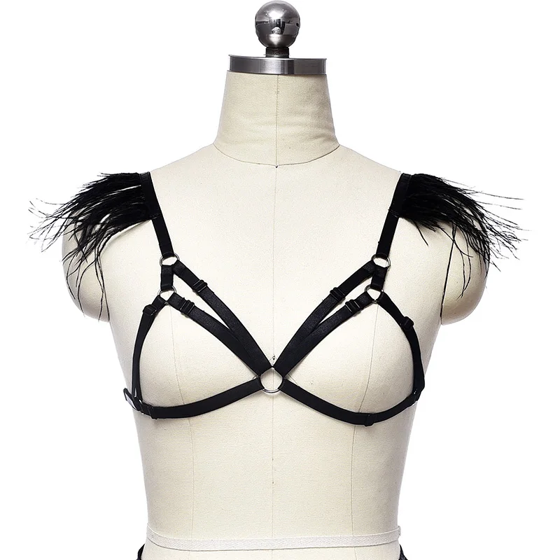 

Feather Epaulet Harness Open Chest Bra Festival Rave Wear Body Harness Cage Goth Crop Top Sexy Lingerie Bustier