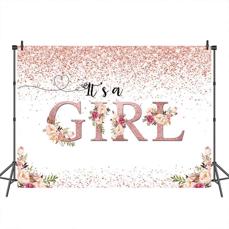 

It's a Girl Baby Shower Photography Backdrop Pink Glitter Flower 1st Birthday Party photo background wall table Decor banner