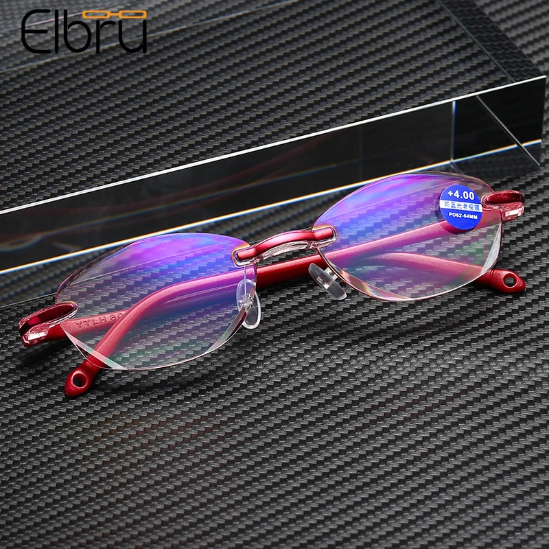 Elbru Vintage Ultralight Rimless Anti-blue Light Reading Glasses Women Hot Style Presbyopic Eyeglasses Unisex Degree +1.0 ~+4.0