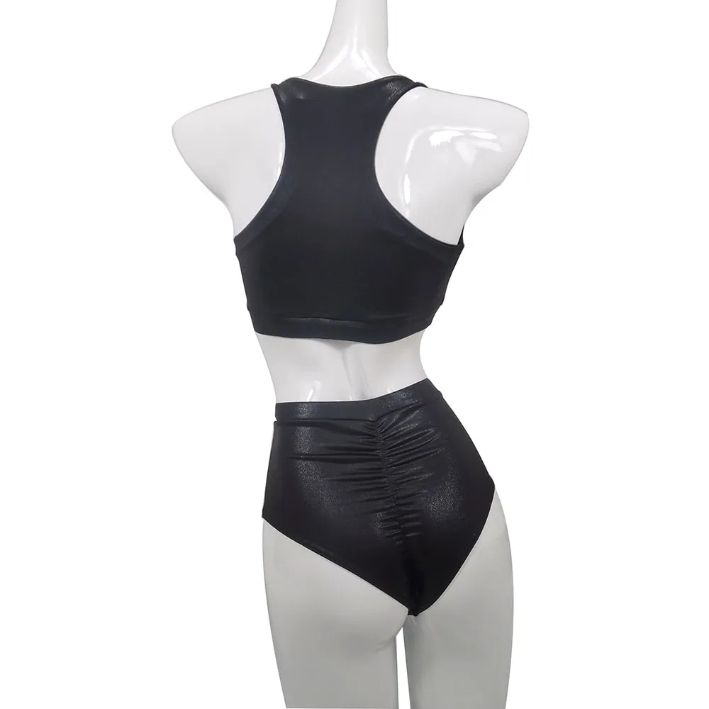 Hope&Win Sexy Women Pole Dance Clothing Racer Back Crop Top Match Hot Shorts Shiny Metallic Black Clubwear