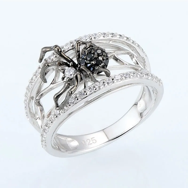 2022 New Arrival Creative Silver Color Spider Ring Sparking White Black Zircon Inlaid Animal Rings New Trendy Party Jewelry