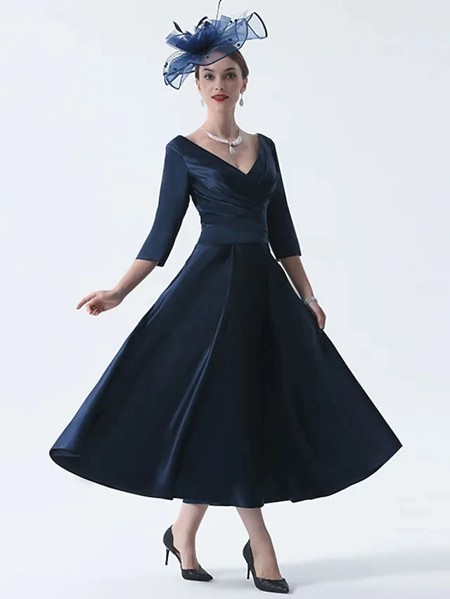 Navy Blue A-Line Mother of the Bride Dress Plus Size Elegant Vintage V Neck Tea Length Satin Party Gown Robe De Soiree