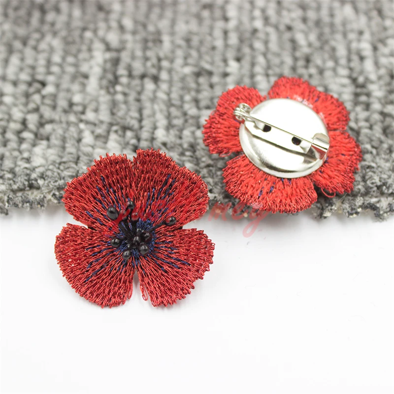 10pcs Handmade Red Embroidery Poppy Flower Round Brooch Base Safety Bar Pin Suit Boutonniere Vintage Mother's Day Gift