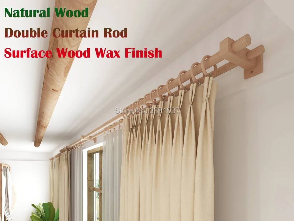 Natural Wood Double Curtain Track Set, Roman Rod Surface, Varnish Finish, Install Accessories, Living Room, Bedroom, Villa