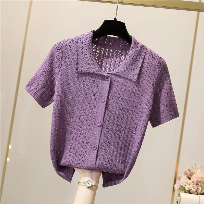 Knitting Women\'s Ribbed Button Up Polo Shirt Female Chic Solid Short Sleeve Green Top Hollow Out Tees Purple Clothing