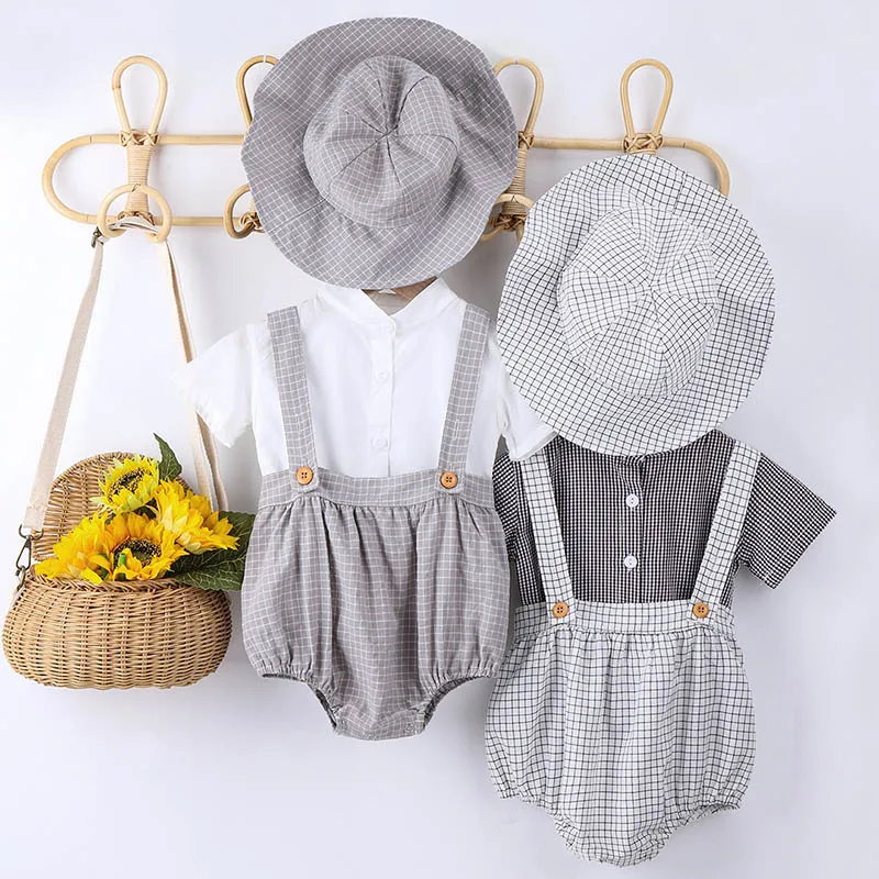 Korean Style Summer 0-24M Newborn Baby Boys Clothes Suit Short Sleeved Shirt+Jumpsuit+Hat Toddler Baby Boys Clothing Set