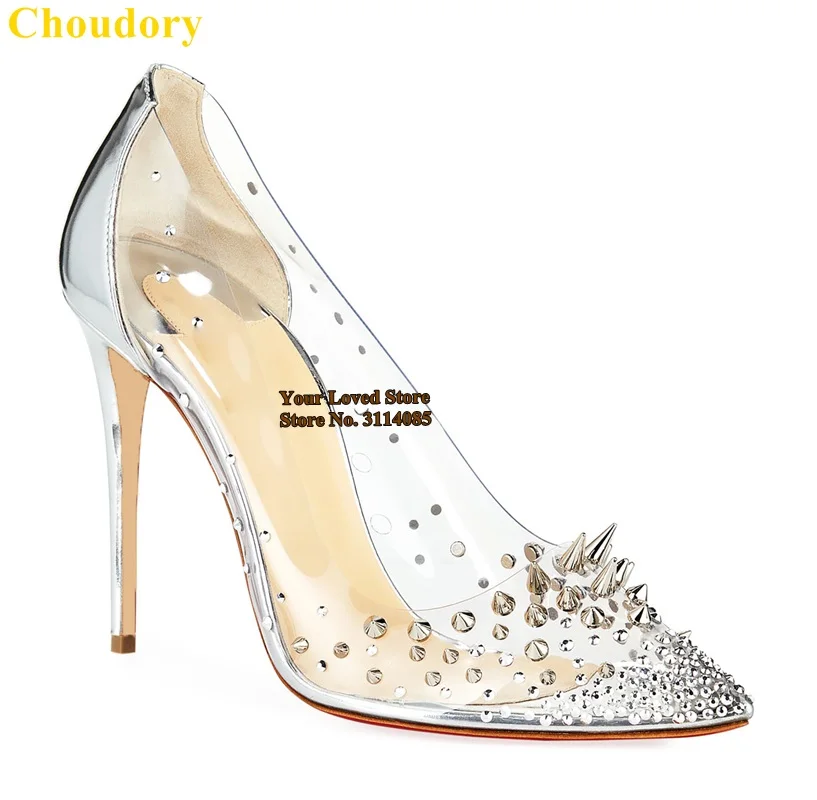 Choudory Clear PVC Bling Bling Wedding Shoes Stiletto Heels Pointed Toe Silver Rivets Pumps Patchwork Glitter Party Shoes Size43