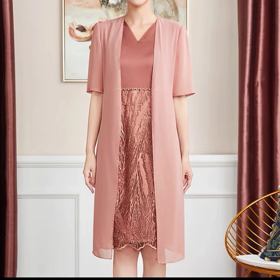 Dusty Pink Mother of the Bride Dress With Jacket Knee Length Lace Chiffon Half Sleeves 2 Piece Banquet Wedding Evening Prom Gown